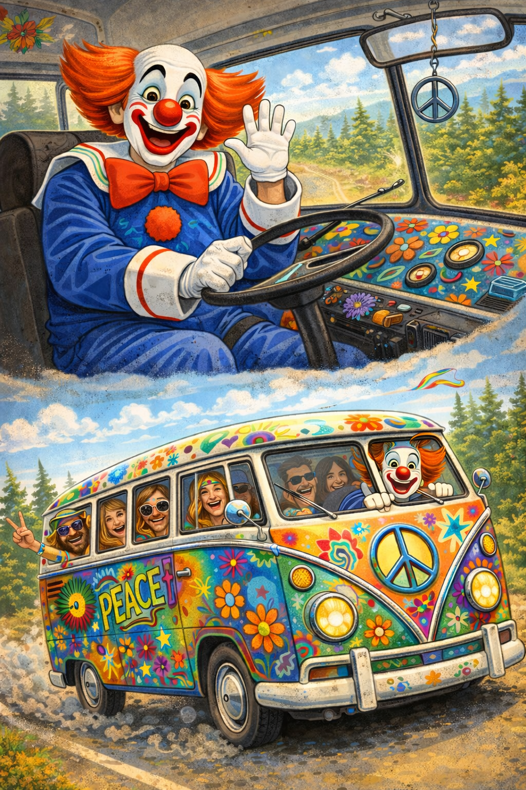 Bozo driving the psychedelic bus